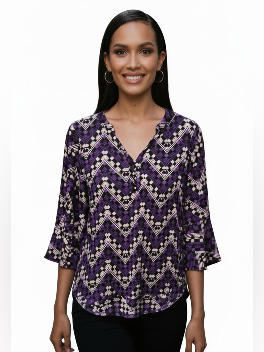 Dana Buchman Purple and Black Chevron Blouse with Bell Cuffs Size L